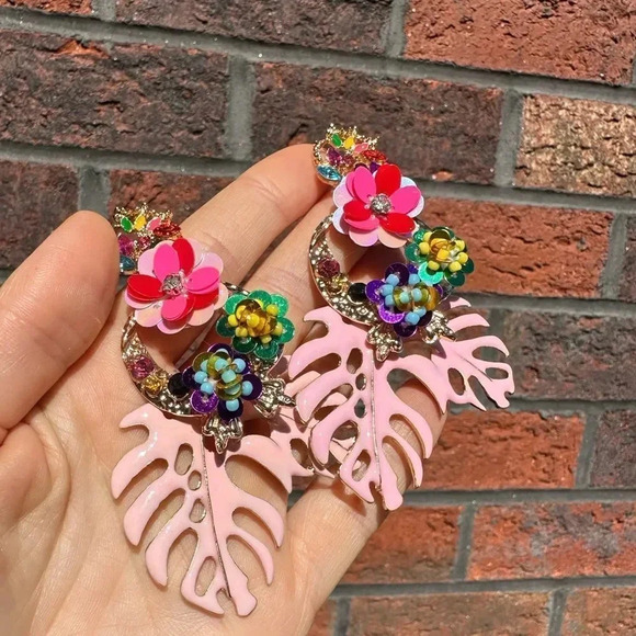 Zara  Rio Monstera Pink Leaf Earrings - Picture 3 of 14